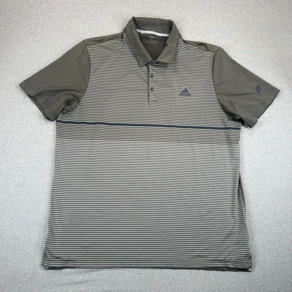 Adidas Mens XL Golf Polo Shirt Olive Green Striped Performance Short Sleeve